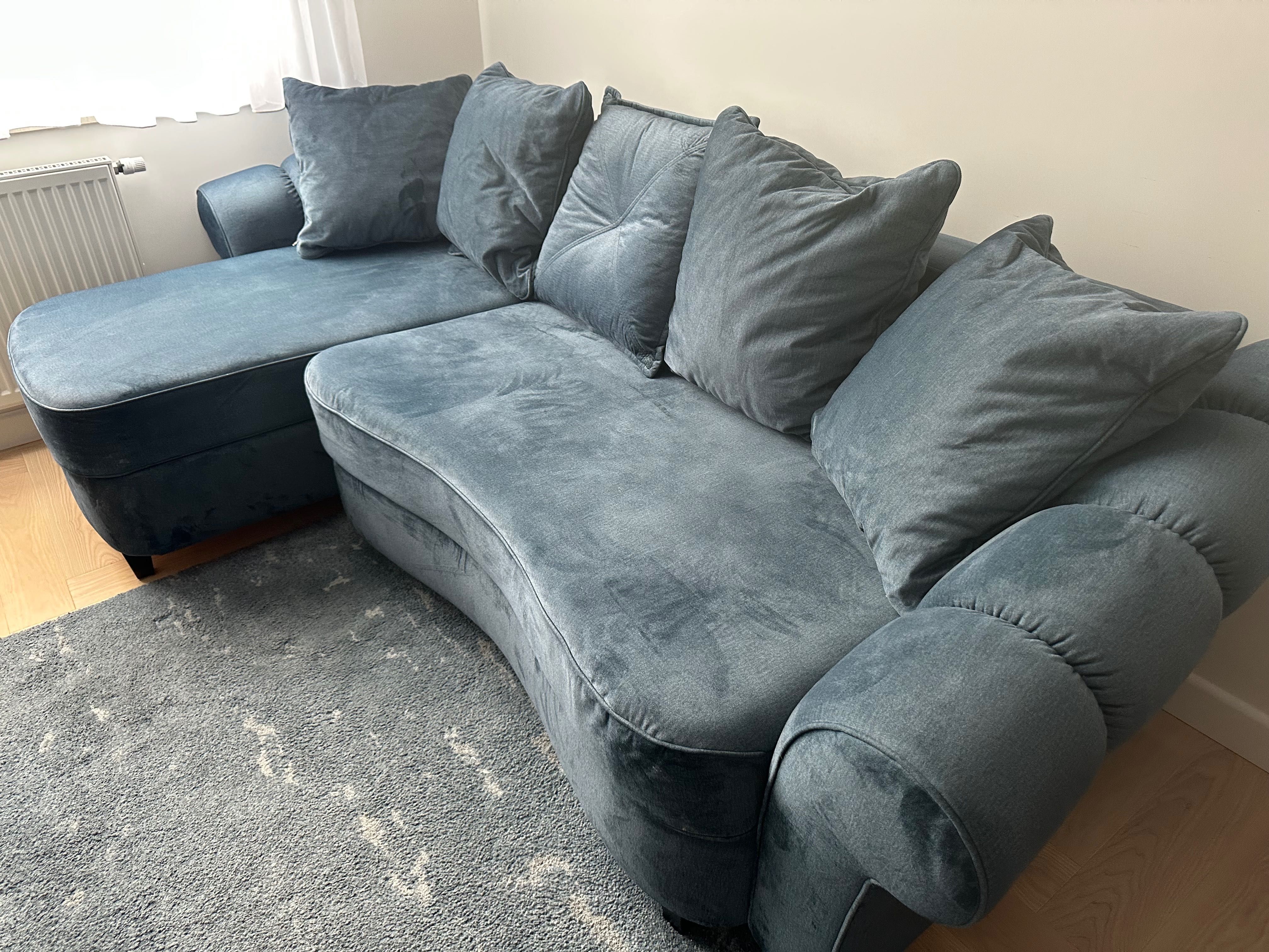 Sofa narożna, z możliwością spania, welurowa zielono-granatowa
