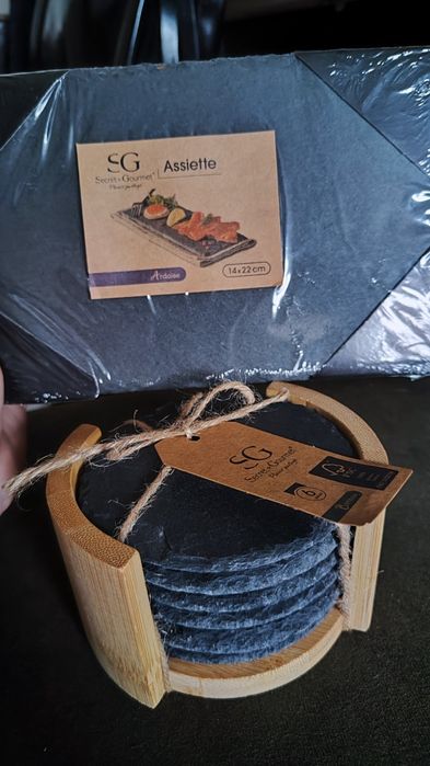 Podkładki pod kubek kamienne z łupka plus taca z łupka nowe