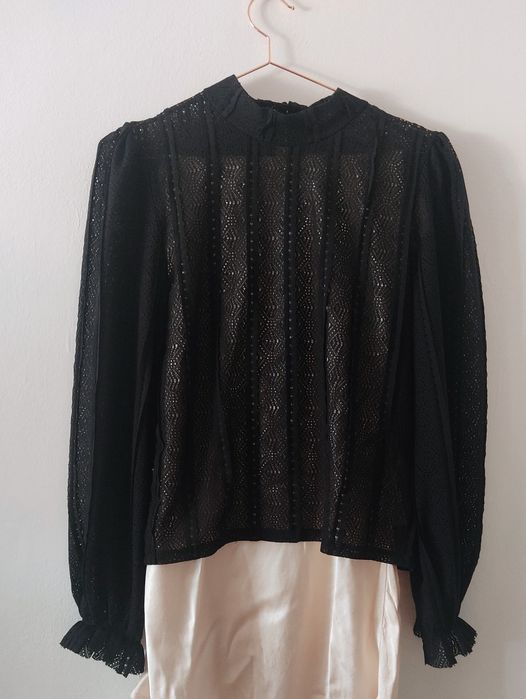 Czarna ażurowa elegancka bluzka, długi rękaw M/L