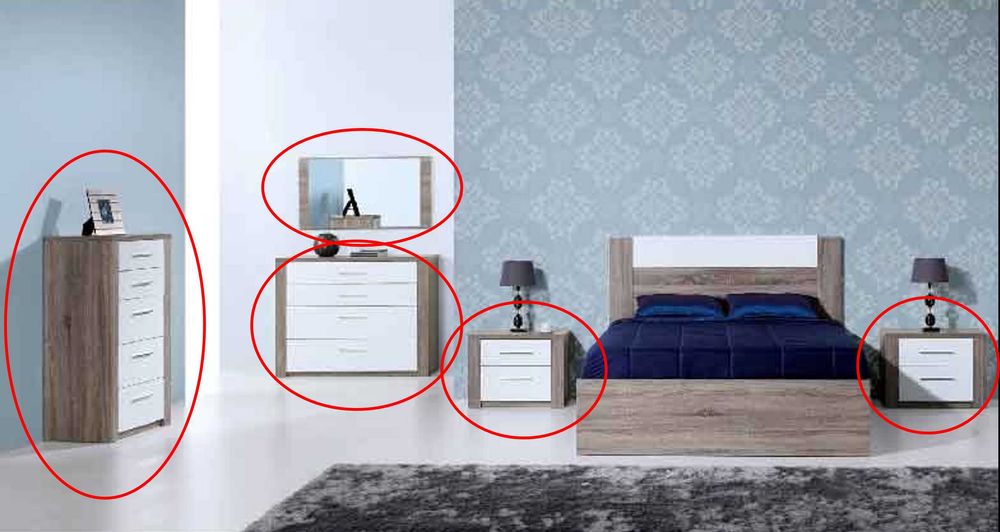 Conjunto Quarto: Cômodas (2), Mesas de cabeceira (2) e Espelho