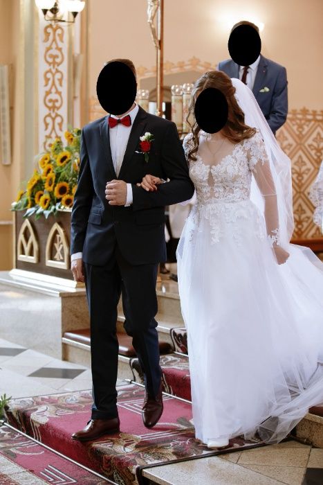 suknia ślubna, koronka, tiul, brokat, biała, długi rękaw