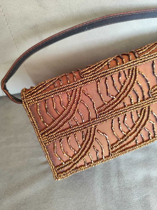 Torebka wizytowa kopertówka mała vintage brązowa koraliki