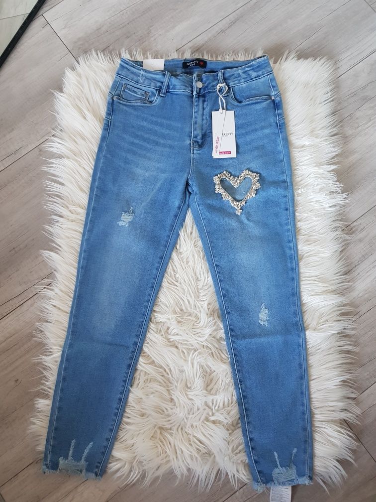 Spodnie jeans skinny wysoki stan serce cyrkonie diamenty