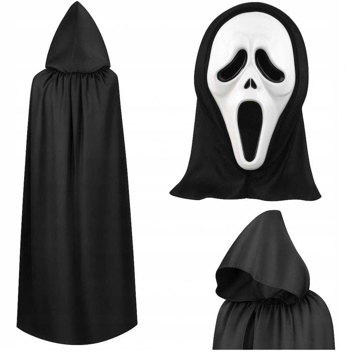 STRÓJ KOSTIUM HALLOWEEN maska krzyk śmierć peleryna czarna długa