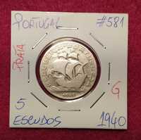Portugal - moeda de prata de 5 escudos de 1940