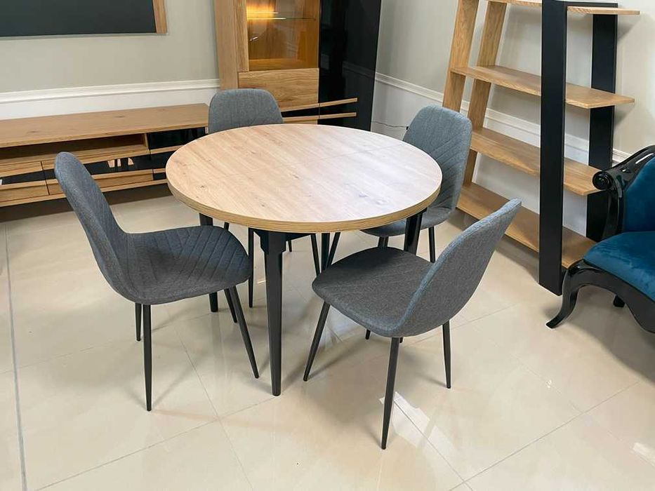 (17CZ) Stół okrągły + 4 krzesła Eva antracyt, nowe
