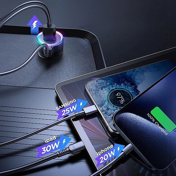 Joyroom szybka ładowarka samochodowa 3 w 1 z kablem Usb Typ C 1,6m 60w