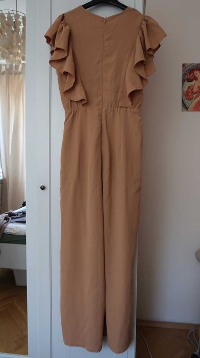 Simplee kombinezon beż brąz długi z falbanką elegancki boho S /36