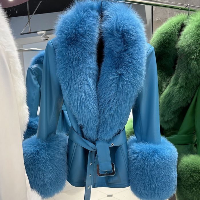 Skórzany płaszcz z futrem naturalnym lis jenot kolory rozmiary