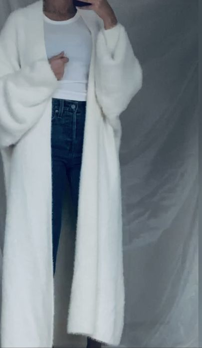 Шикарный длинный пушистый кардиган травка пальто   белый альпака