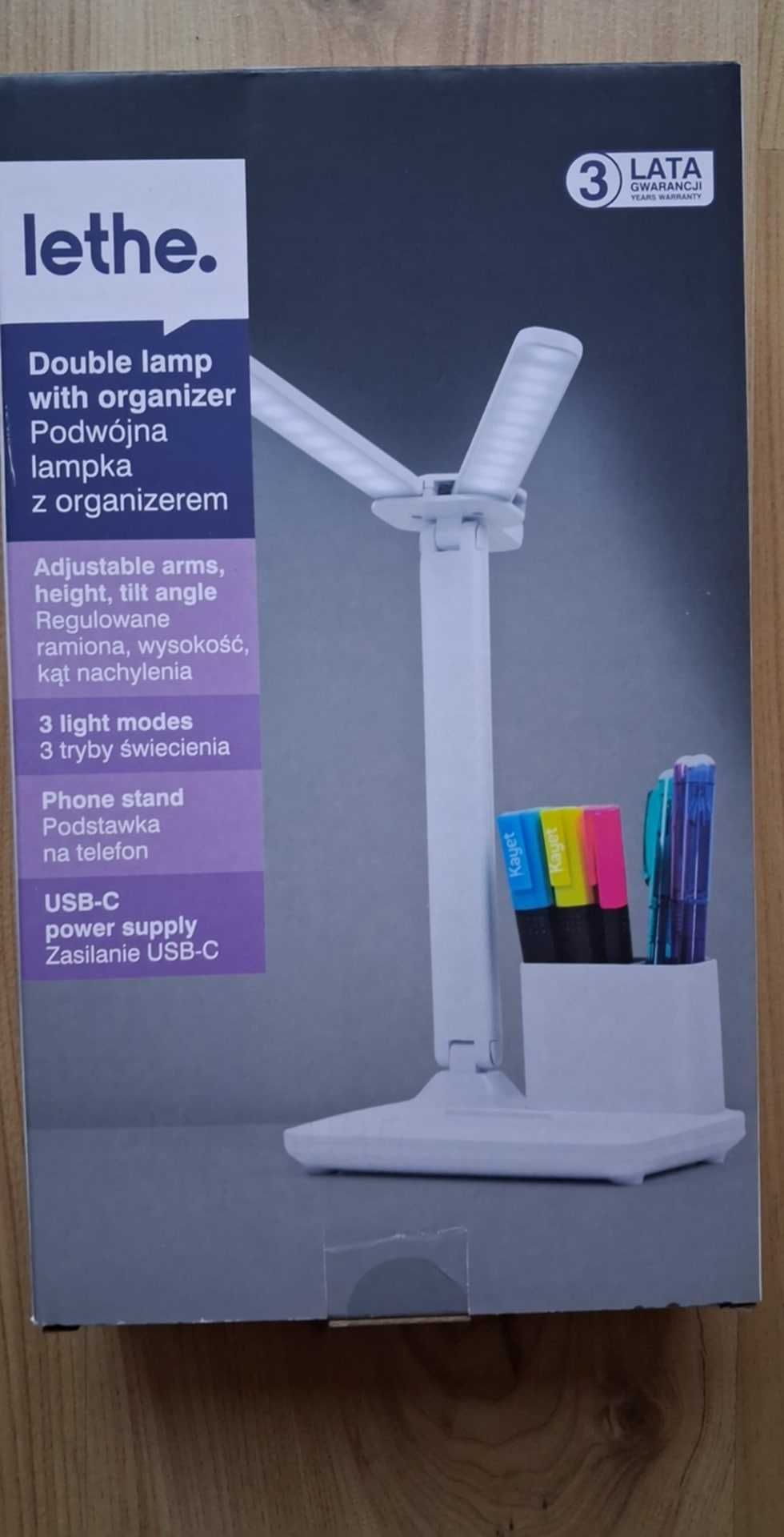 Lamkpa Biurkowa Lethe Podwójna lampka z pojemnikiem na przybory Biała