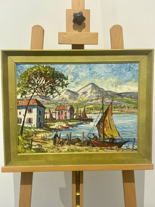 Ciekawy Pejzaż marynistyczny Olej na płycie sygnowany VL Włochy 1960te
