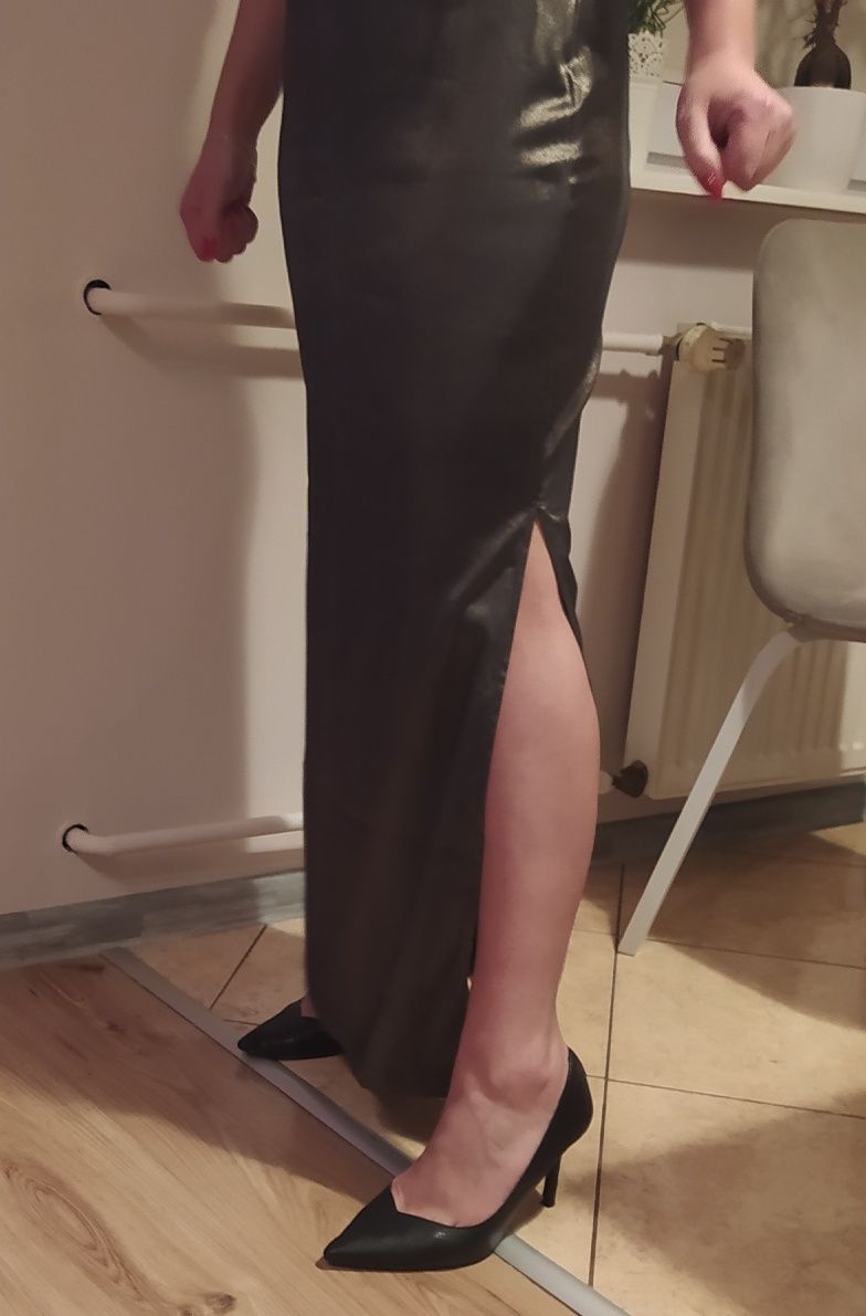 Wieczorowa sukienka 40 L wiskoza elegancka sexy z wycięciem rozporkiem