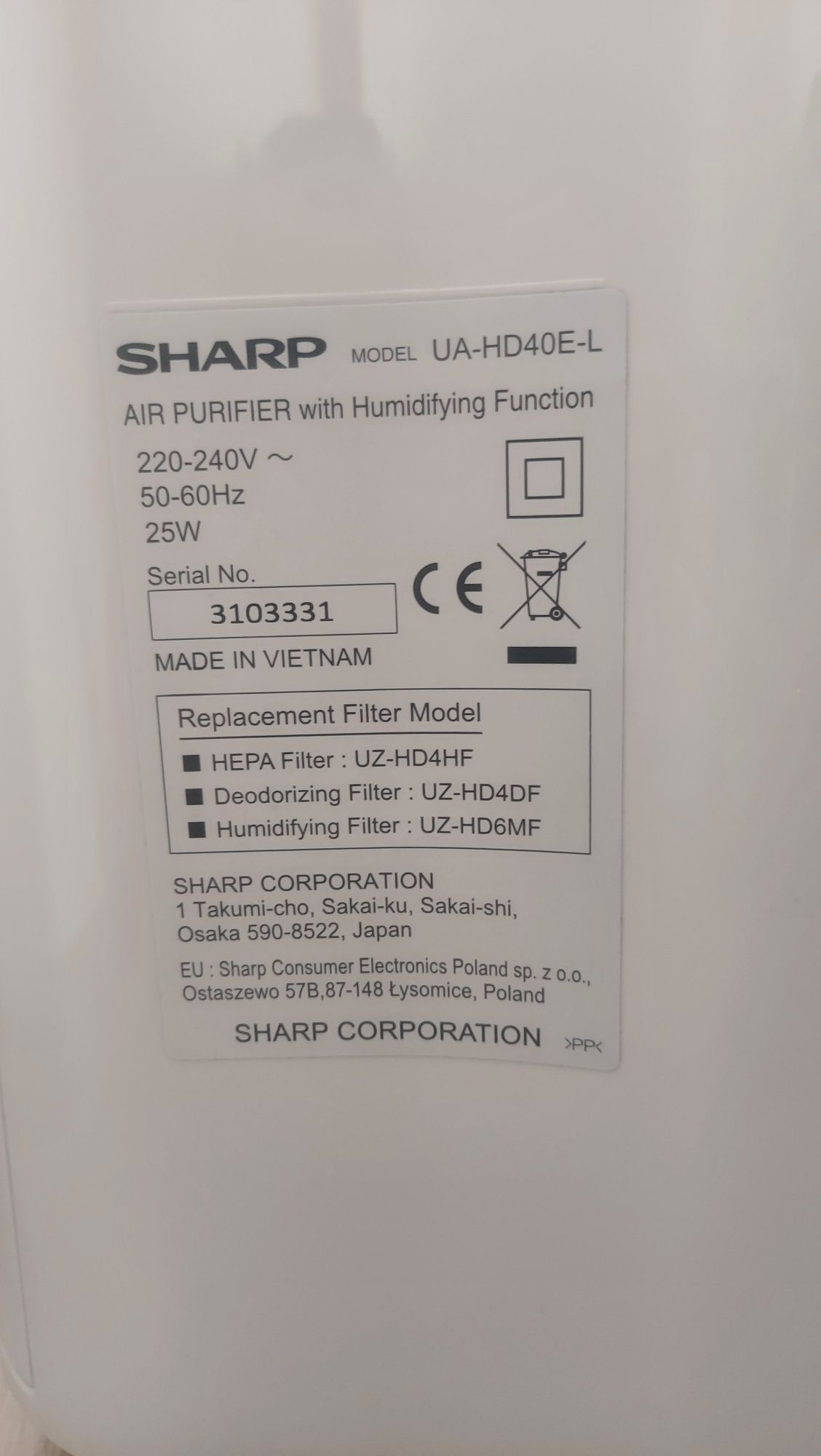 Oczyszczacz powietrza SHARP UA-HD40E-L Plasmacluster