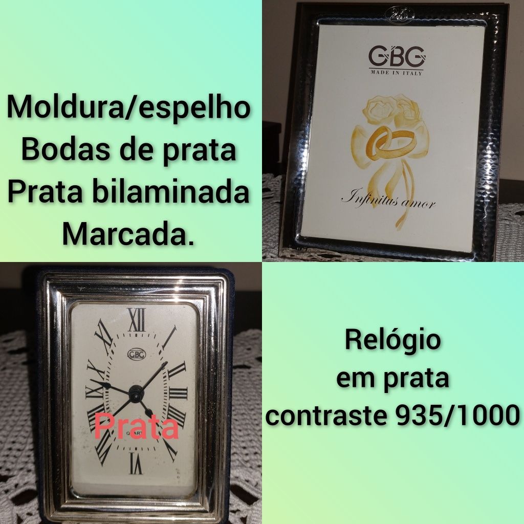 Moldura/espelho Bodas de Prata e Relógio em prata.