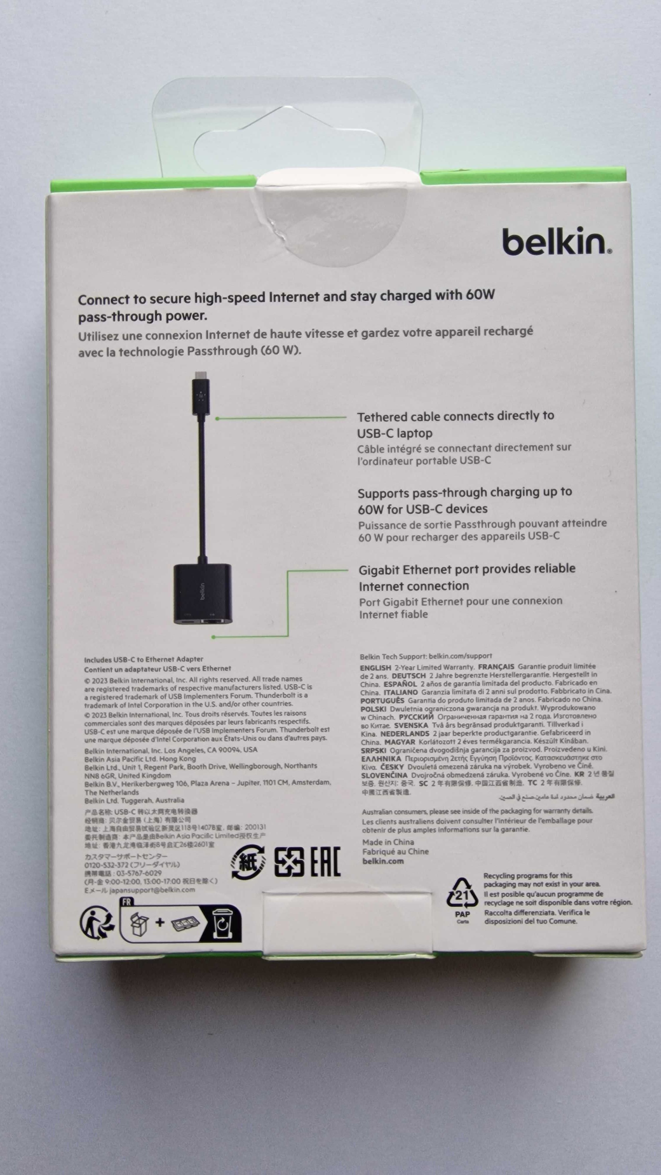 Adapter USB-C do Ethernet z portem ładowania marki Belkin