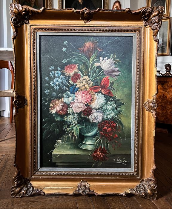 Przepiękny duży stary obraz olejny olej martwa natura kwiaty 1950