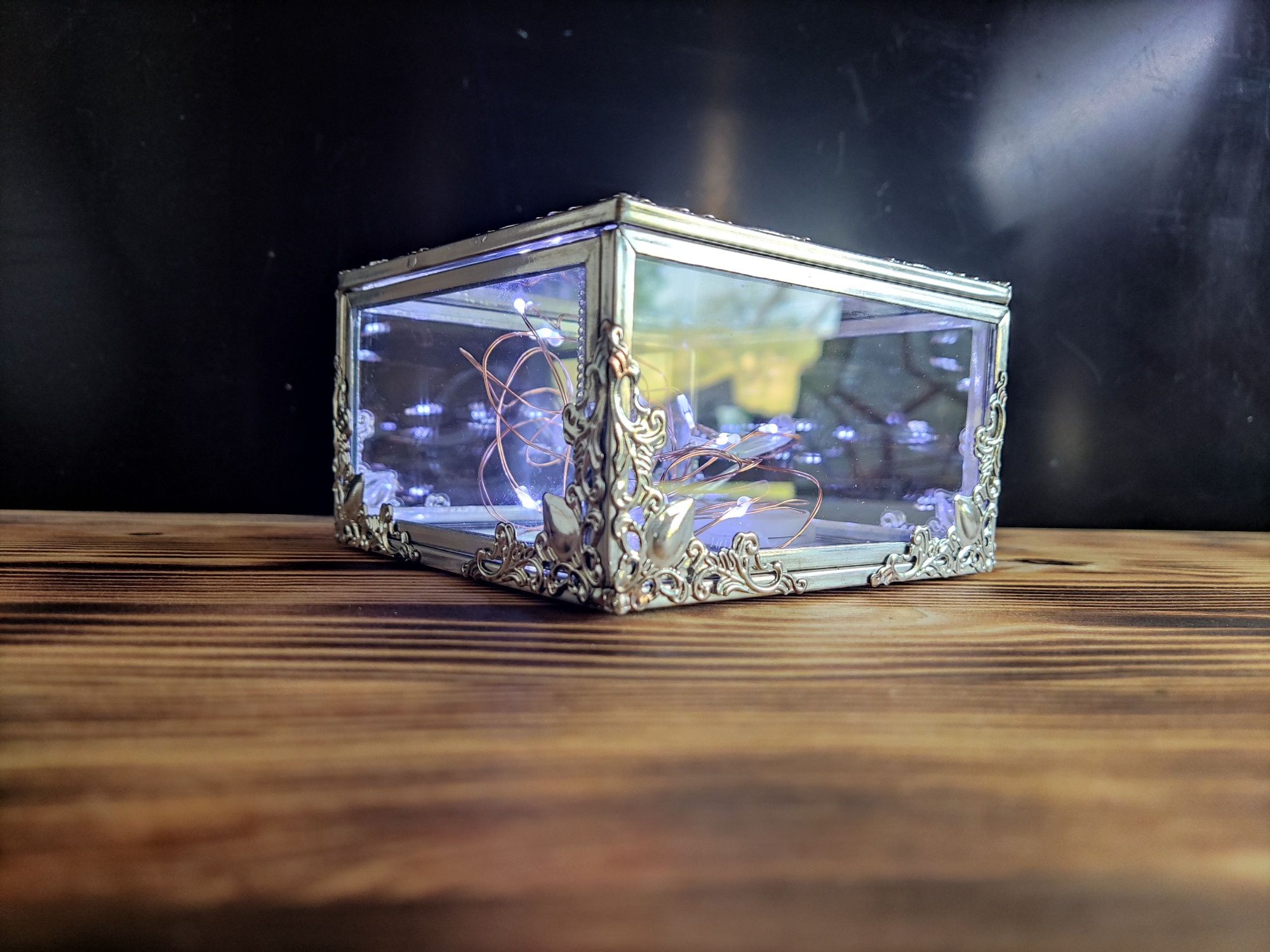 Pudełko szklane srebrne szkatułka na biżuterię obrączki ślubne