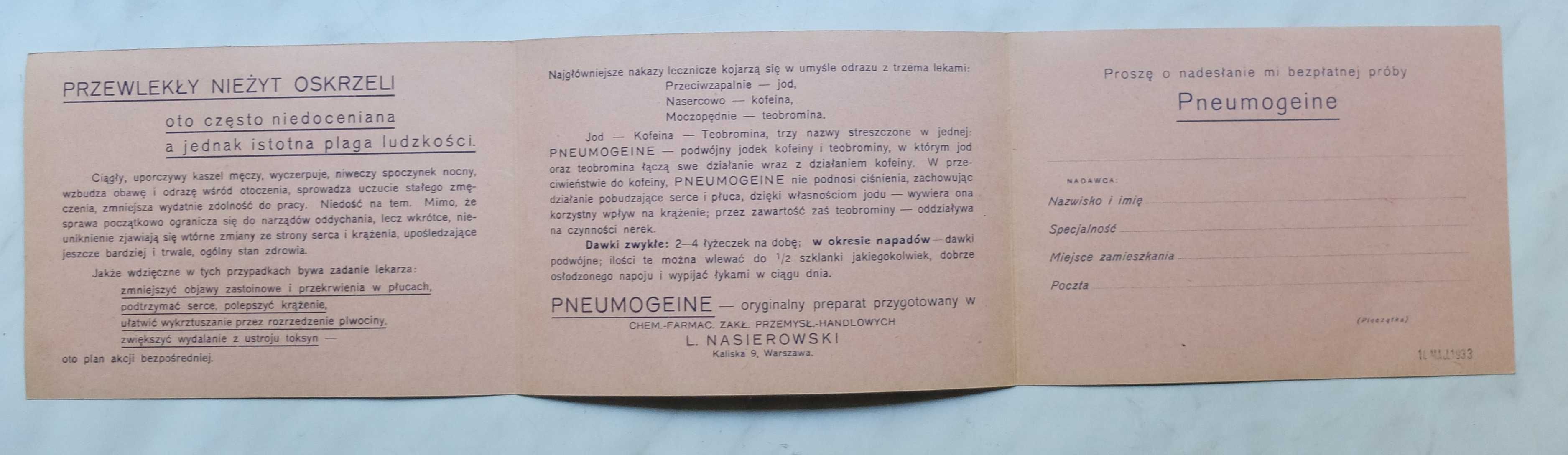 Przedwojenny druk reklamowy Nasierowski Warszawa Pneumogeine 1933 rok.