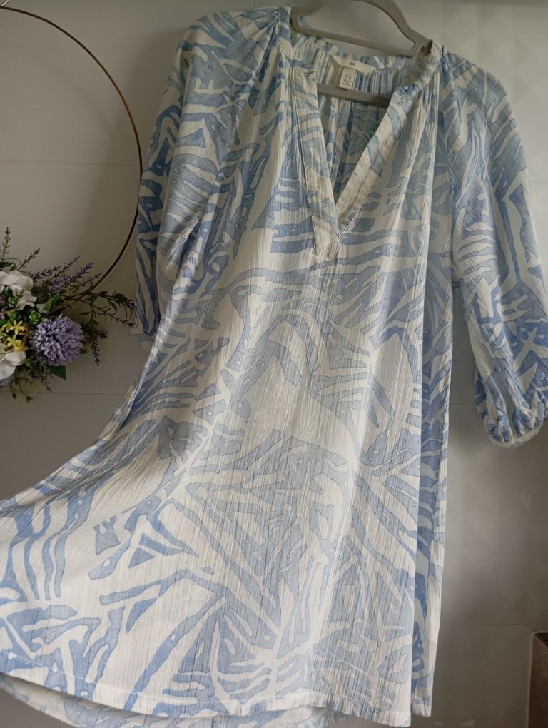 Sukienka tunika biała błękitna bawełna len letnia XS/34 S/36 M/38