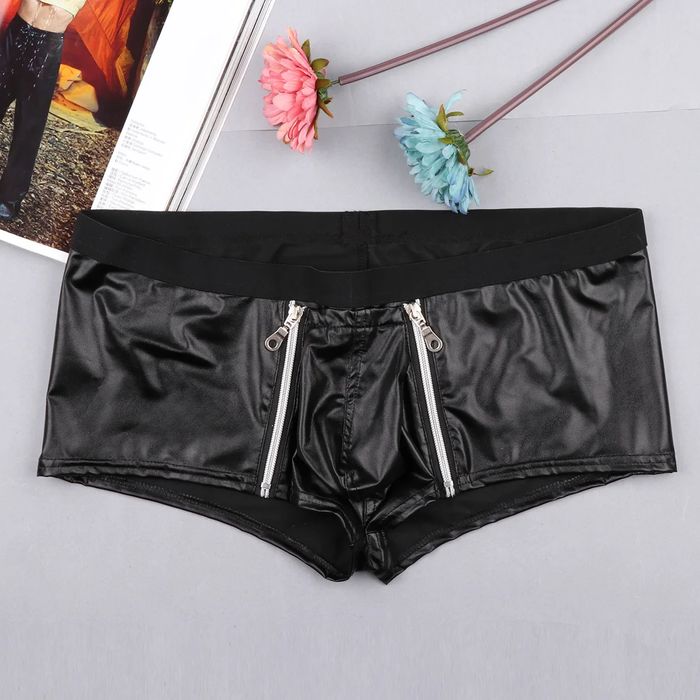 Męskie Skórzane Bokserki z Odpinanym Przodem Zamki Błyskawiczne - XXL