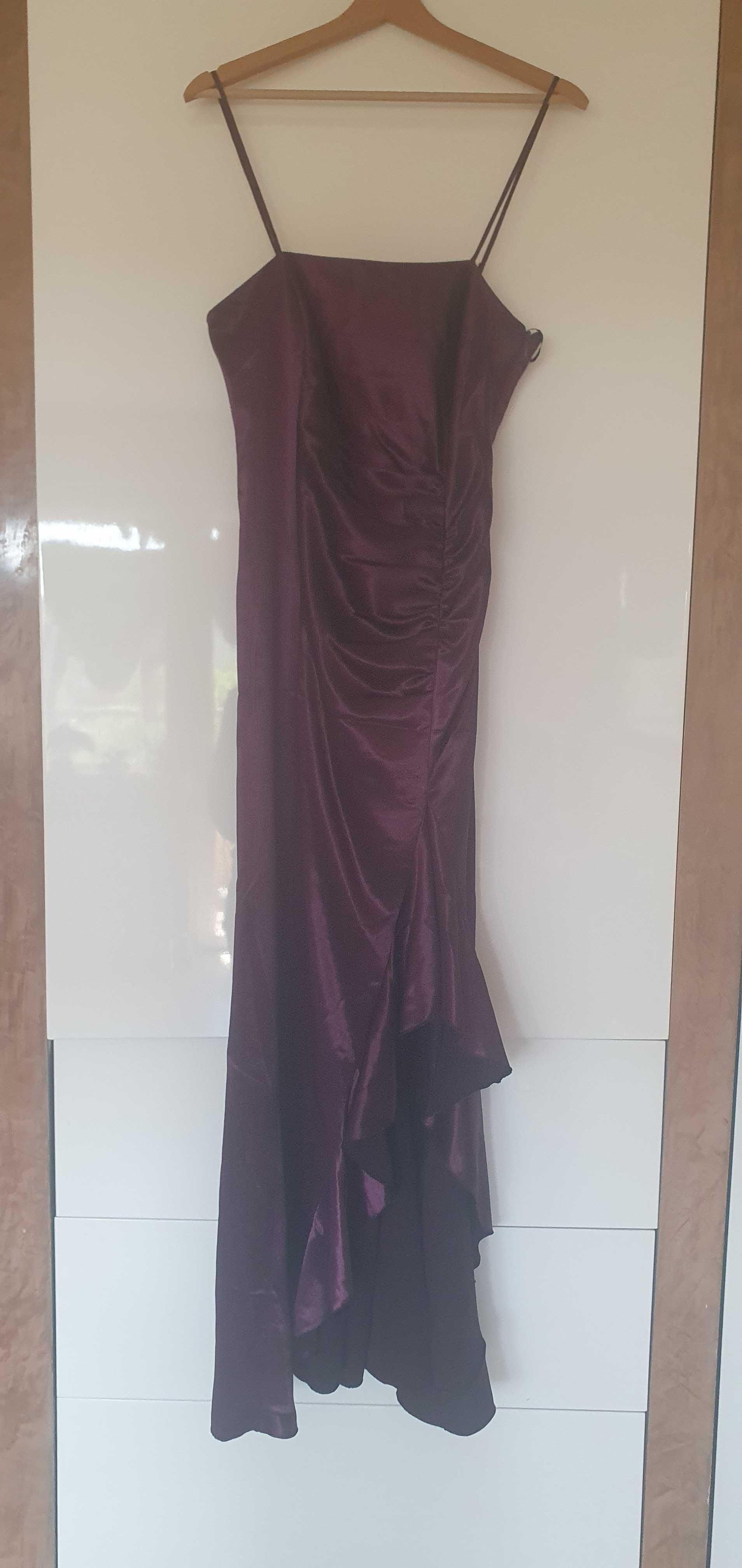 Satynowa fioletowa sukienka na wesele, studniówkę, wiązana na plecach