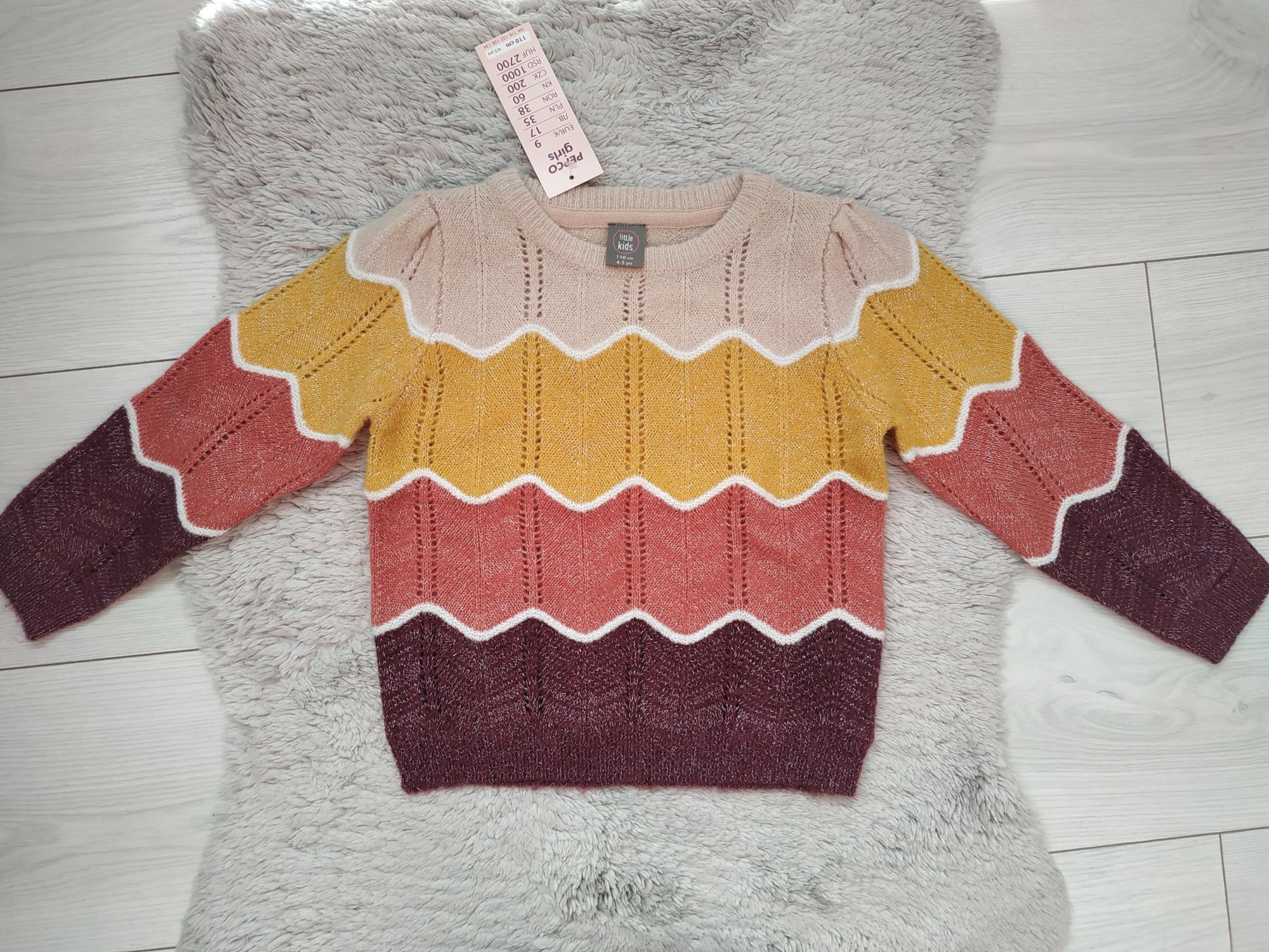 Nowy sweter/dziewczynka/ażurowy/srebrna nić/fale/little kids/r.104/110