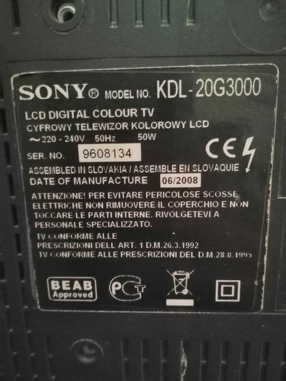 Телевізор Sony bravia KDL 20G3000