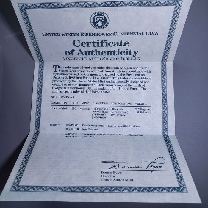 Долар США" 100 років від народження Ейзенхауера" 1990р.СРІБЛО. Набір.