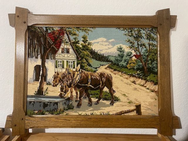 obraz konie wodopój wyszywany haft ramy drewno kraj Holandia Niemcy