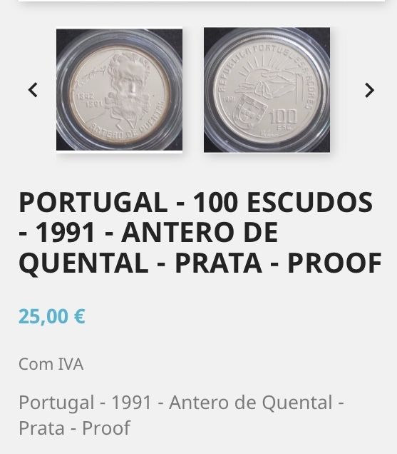 Moeda Comemorativa prata de lei 1991 Antero Quental