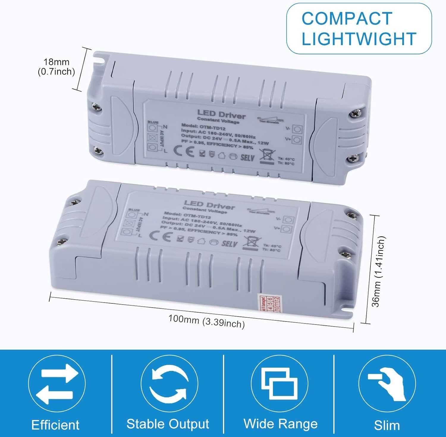 Transformator LED 12W 24V, IP44 Sterownik LED 0,5A Funkcja ściemniania