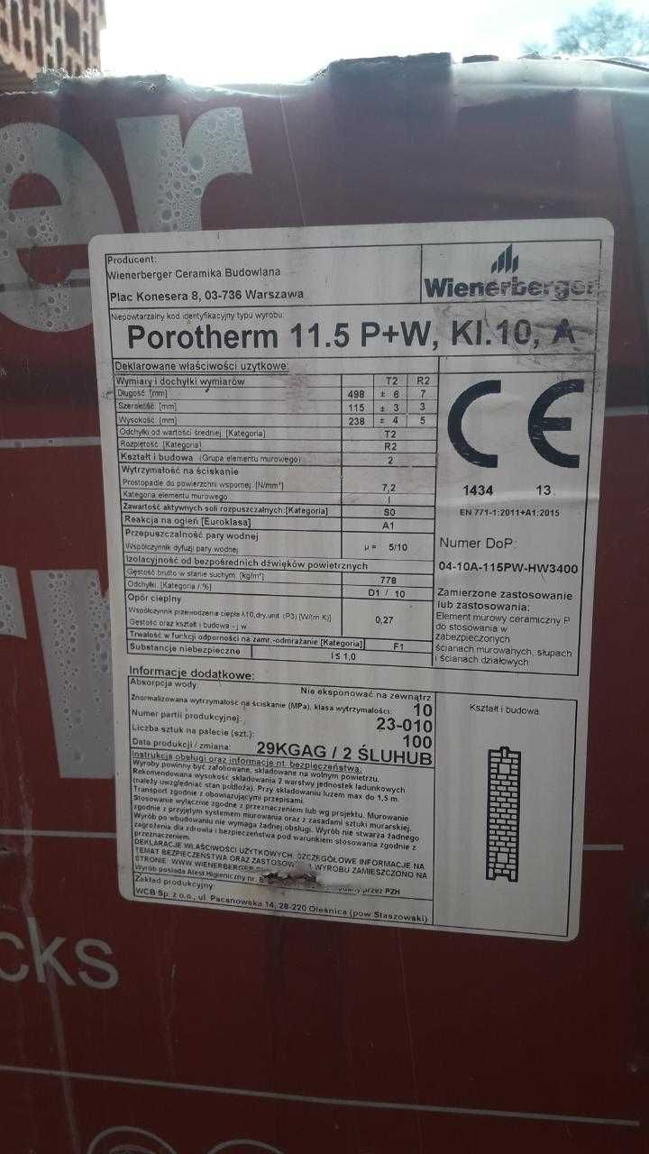 Pustak ceramiczny WIENERBERGER POROTHERM 11.5 P+W 115/498/238