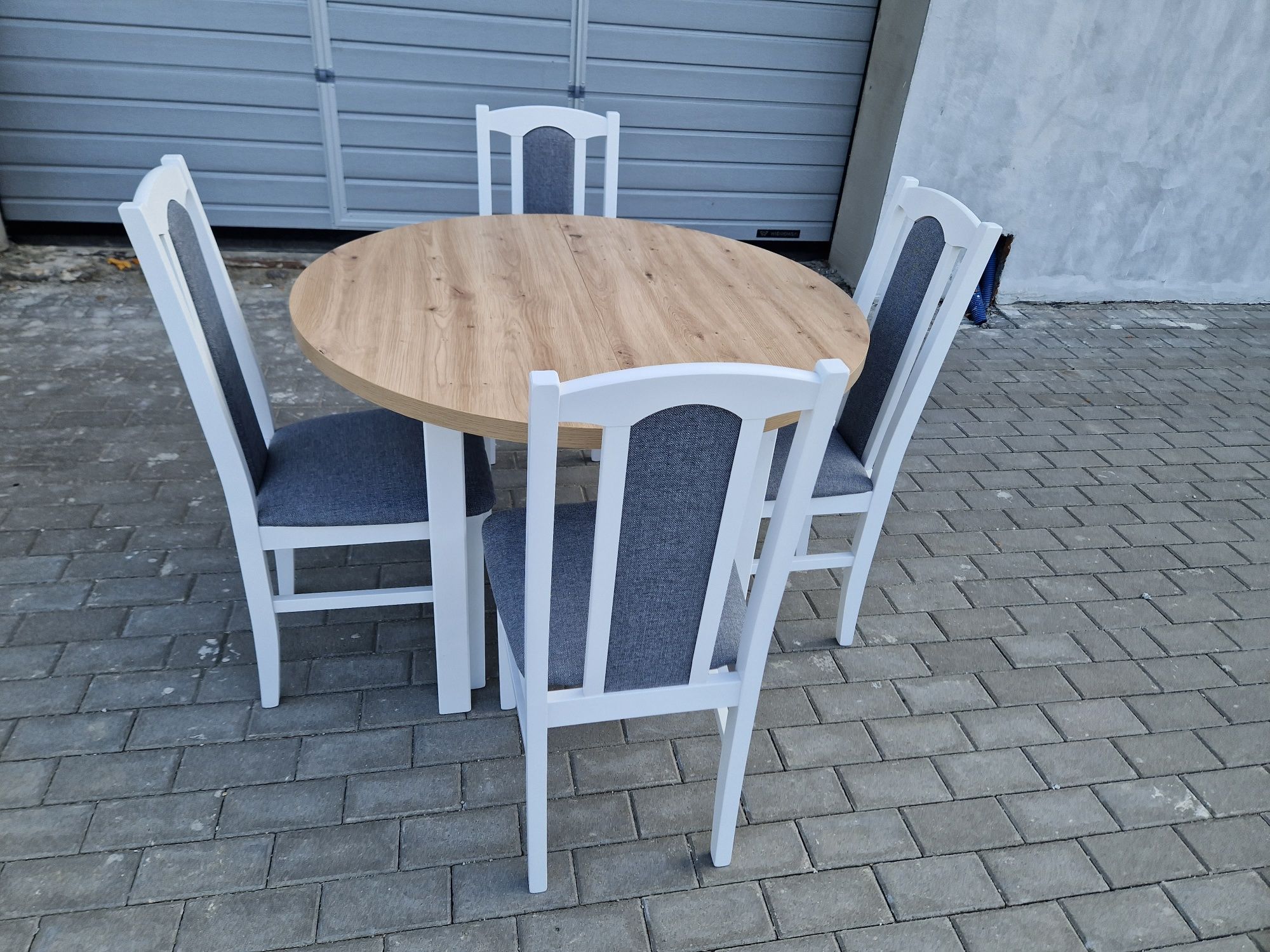 Nowe: Stół okrągły + 4 krzesła, biały/artisan + szary, dostawa cała PL