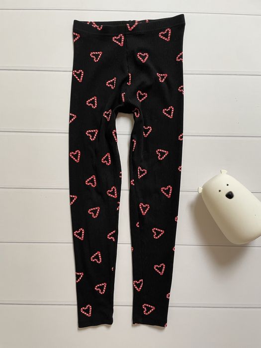 134 140 George 9-10 lat czarne legginsy prążek bawełna serce serduszka