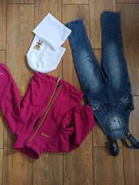 Kurtka softshell Bergans + spodnie jeansy Ogrodniczki + czapka komin