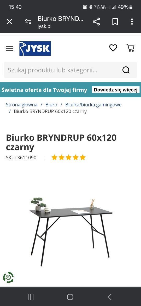 NOWE Biurko JYSK BRYNDRUP 60x120 czarny