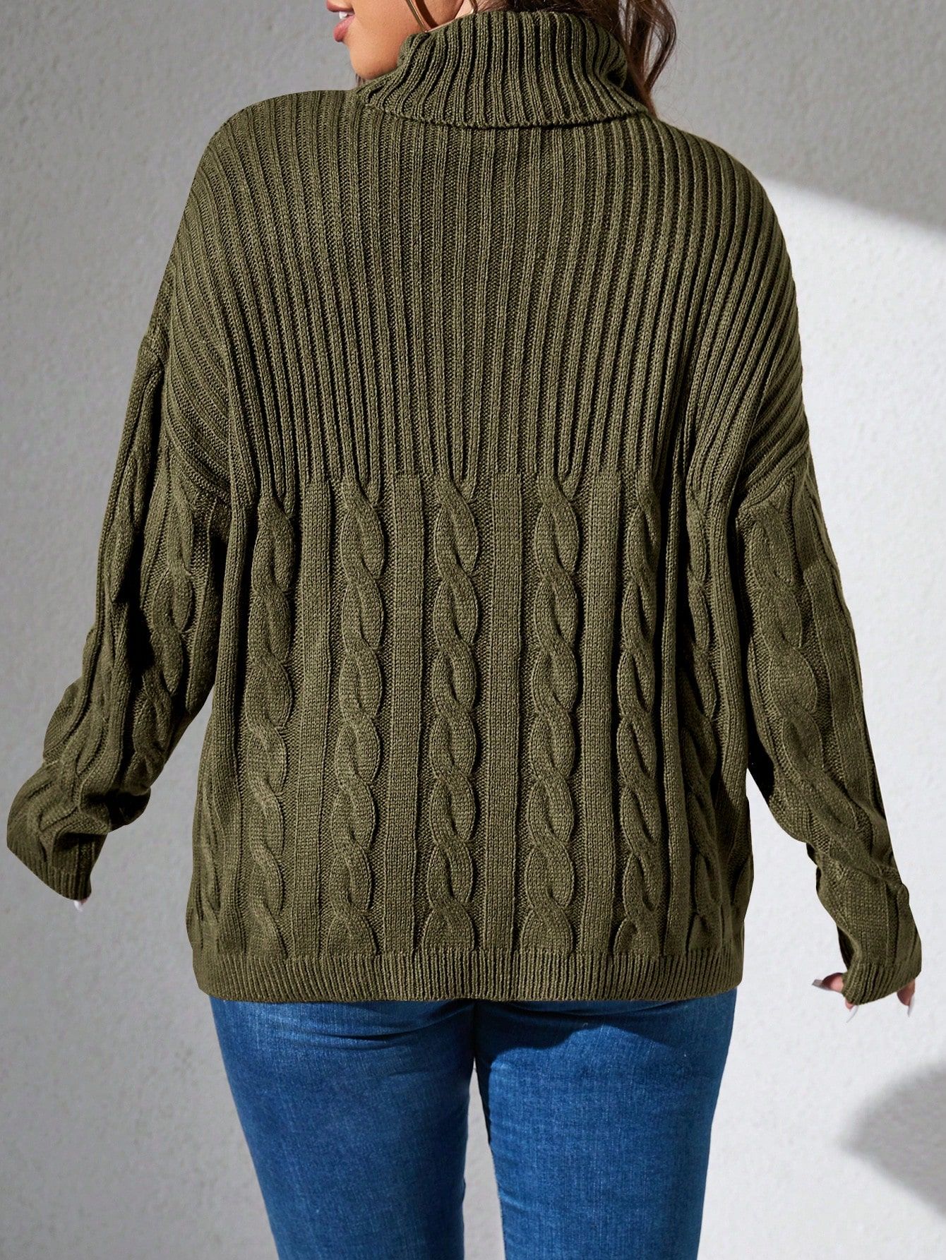 Sweterek Luźny Z Golfem W Warkoczowy Splot Khaki Casual Shein 3Xl 46