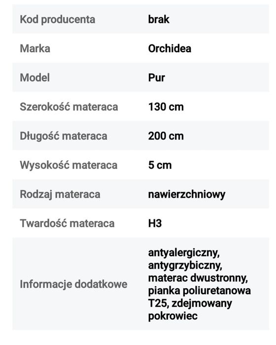 Materac nawierzchniowy 130x200 pianka PUR nakładka