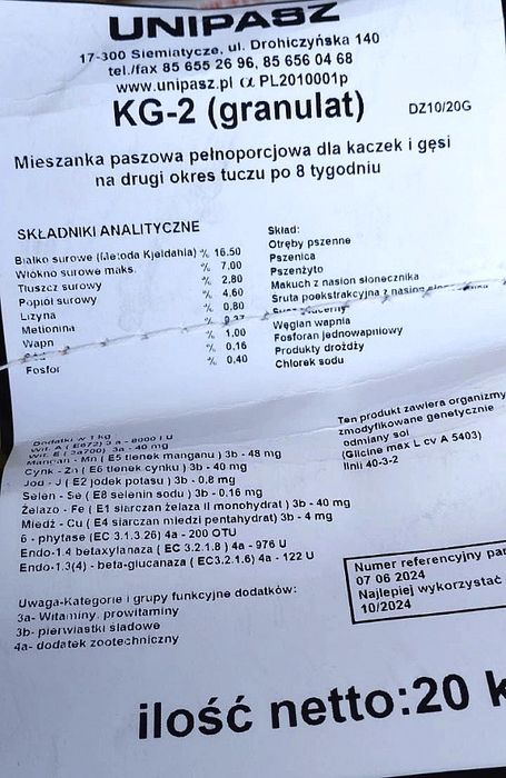 Pasza karma KG-2 dla kaczek gęsi od 8 tyg. życia granulat 20kg UNIPASZ
