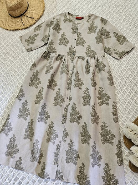 100% лён! Бомбезное бежевое льняное платье р. 14-16 / XL- Xxl