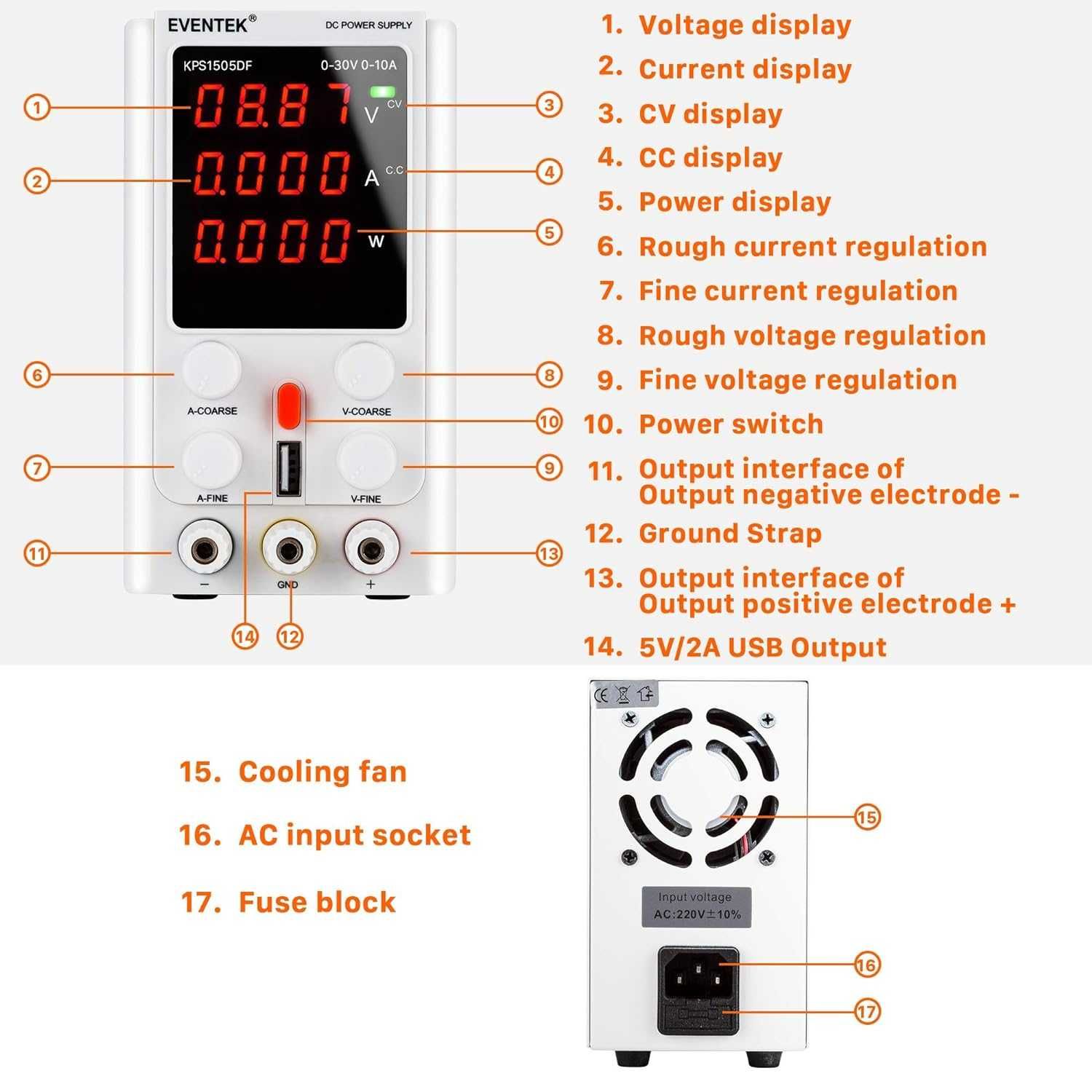 Zasilacz laboratoryjny Eventek KPS1505DF 300W 0-10A 0-30V USB 5 V, 2 A