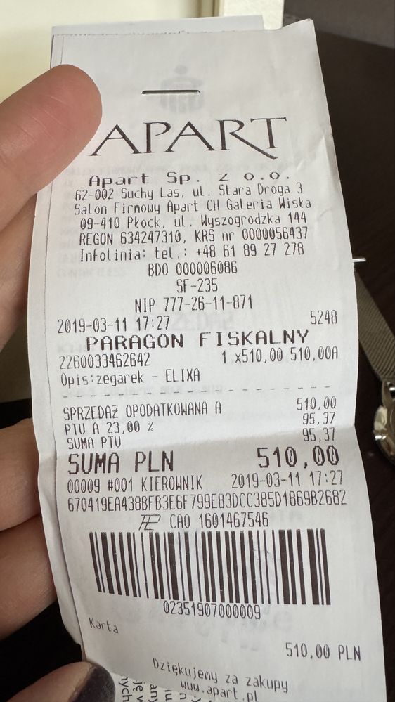 Zegarek Elixa z pudełkiem, Apart, komunia
