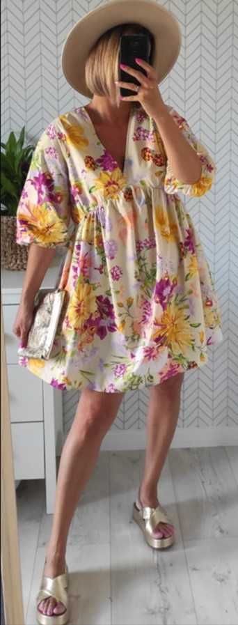 H&M sliczna bawelniana kolorowa tunika sukienka w kwiaty S