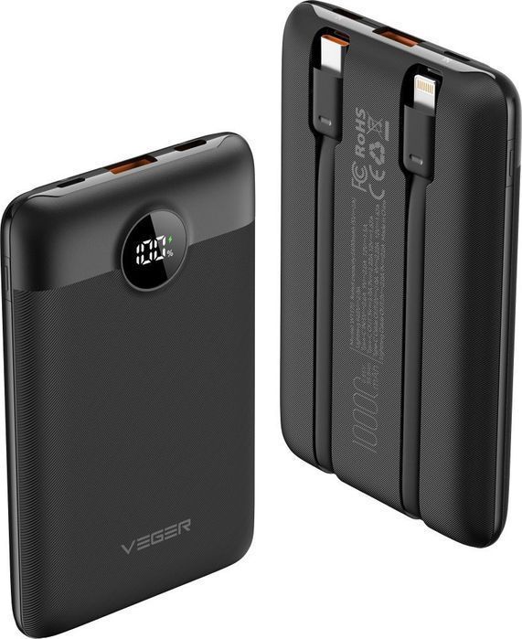 VEGER powerbank 10000 mAh z wbudowanymi kablami Typ C / Lightning PD