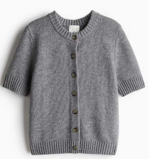 Szary wełniany top sweter z krótkim rękawem na guziki H&M Premium S