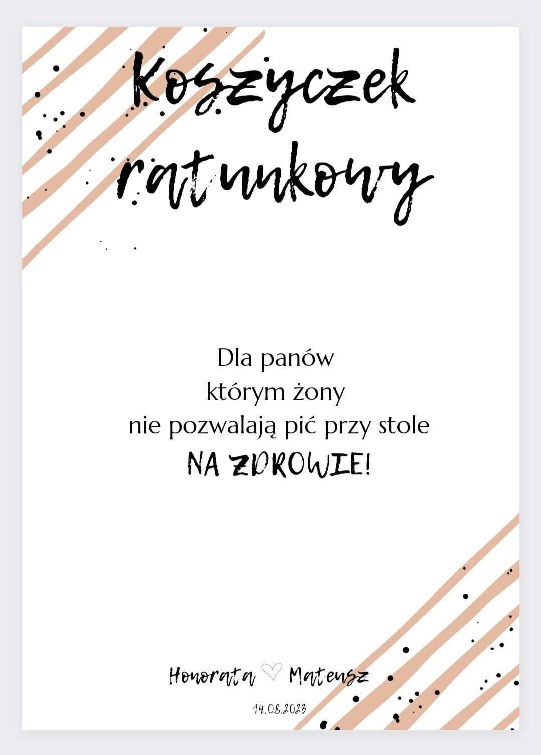 Koszyczek ratunkowy śmieszny napis na wesele ślub przyjęcie wzór pdf