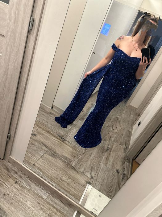 Chabrowa sukienka maxi Syrena Hiszpanka 42 xl 44 xxl cekinowa