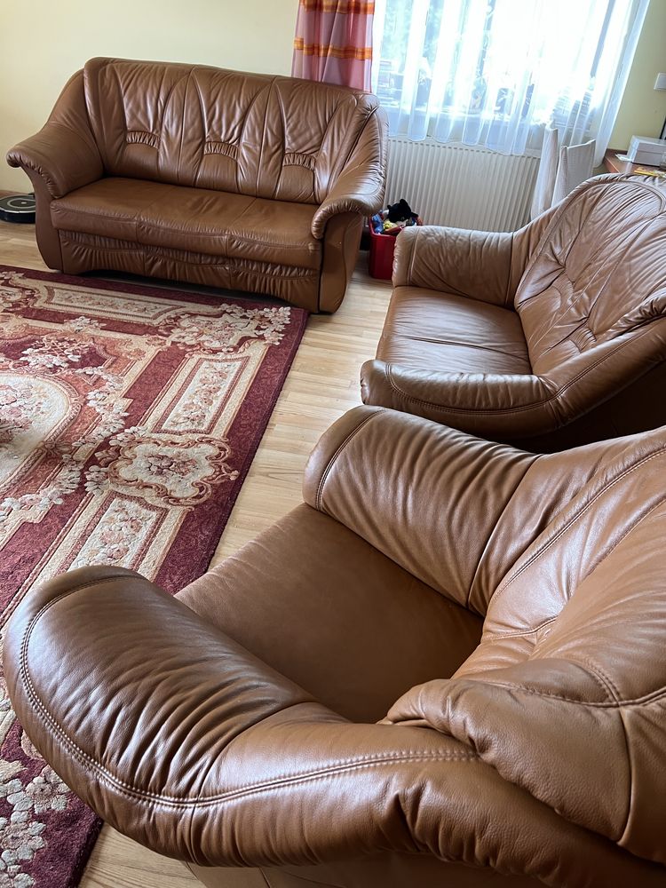 Sofa  3+2  skora naturalna zestaw mebli orzechowy antyczny