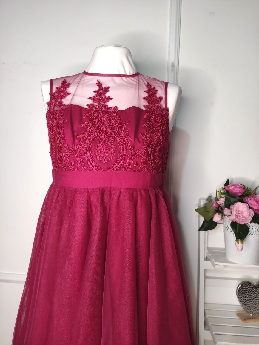 Sukienka tiulowa midi burgundowa 36/S Chi Chi London nowa koronkowa